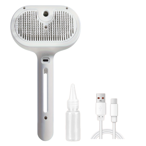 White-pet-brush-with-fine-spray-mist-gentle-bristles-to-massage-pet-skin-small-water-bottle-power-cable