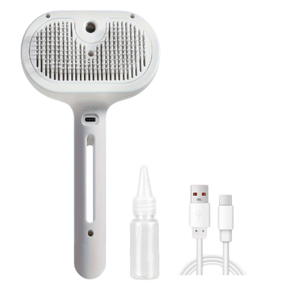 White-pet-brush-with-fine-spray-mist-gentle-bristles-to-massage-pet-skin-small-water-bottle-power-cable